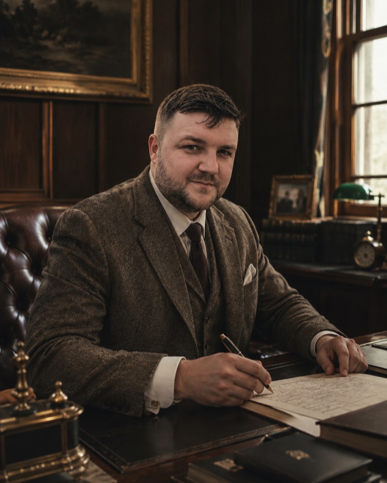 James Settle, Managing Partner of Severn Group, writing at a desk in a panelled study.