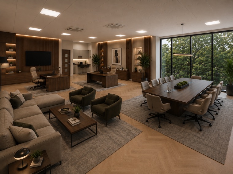An office interior: a walnut boardroom table, a seating area, and full-height windows onto the trees outside.